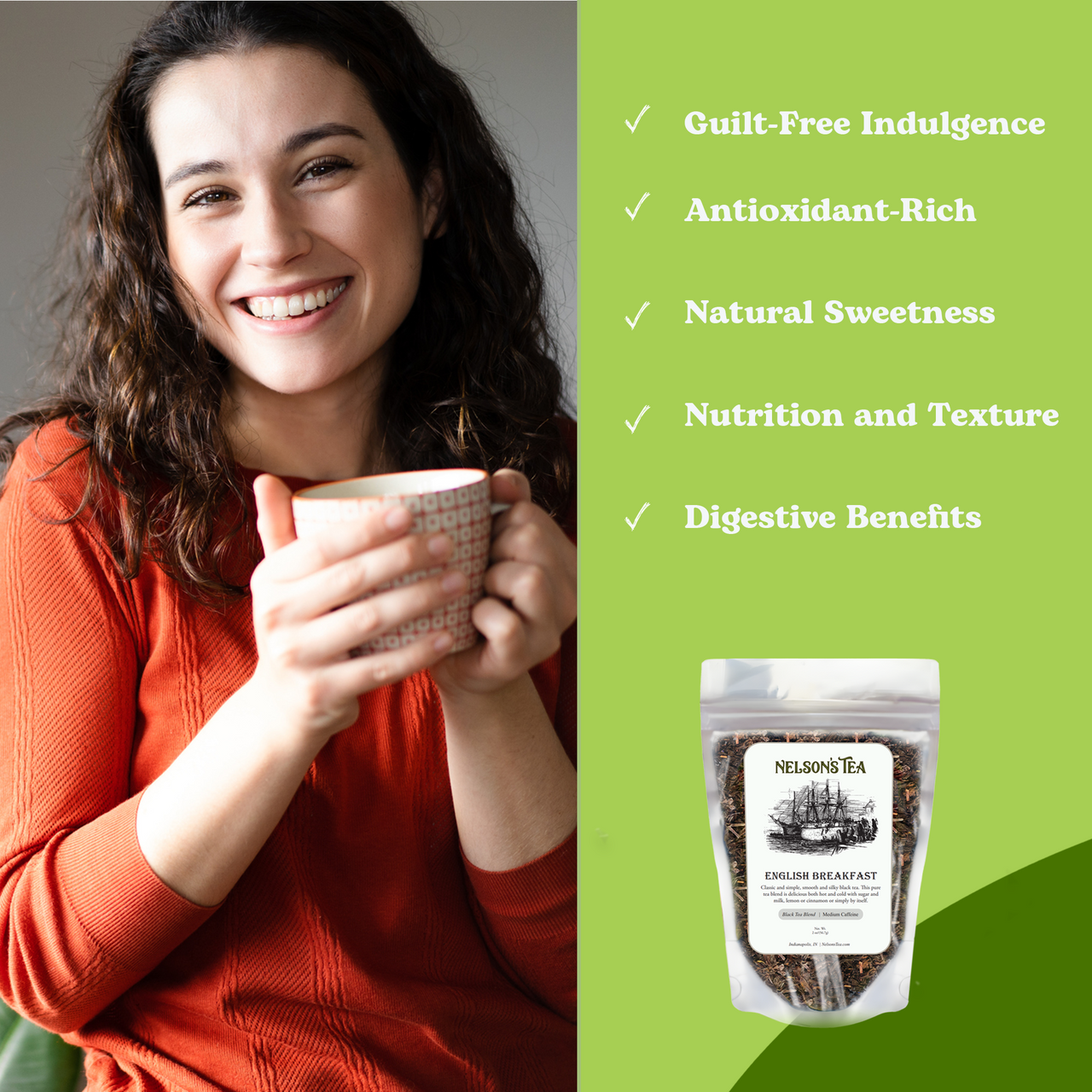 Woman holding a cup of tea with Nelson's English Breakfast Tea